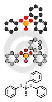 Triphenyl phosphate molecule. Used as flame retardant and plasticizer. Stylized 2D renderings and conventional skeletal formula.