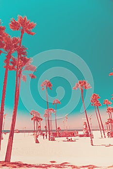 Tripical beach with palm trees. Holiday and vacation concept. California landscape. Surreal coral toning photo
