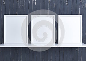 Triple 8x10 Vertical White Frame mockup on white shelf and dark blue vintage wooden wall