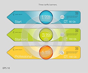 Triple banner for hosting. Three tariffs banners. Web pricing table. Vector design for web app. Arrow style.