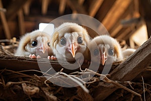 triple barn owls baby animal in the nest under the barn roof, close-up,ai generated