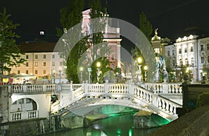 Three Bridges Ljubljanica River Preseren Square Ljublajana Slovenia photo