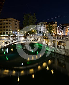 Triple Bridges in Ljubljana at night