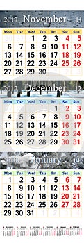 Triple calendar for November December 2017 and January 2018
