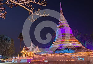 Triple Circumambulation around old pagoda of Trapangtong Temple in Sukothai Thailand photo