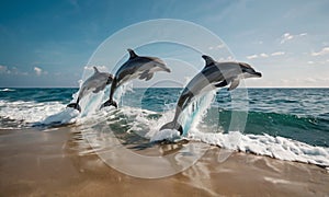 Triple Dolphin Leap at Shoreline