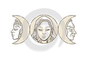 Triple goddess as Maiden, Mother and Crone, beautiful woman, symbol of moon phases. Hekate, mythology, wicca, witchcraft. Vector