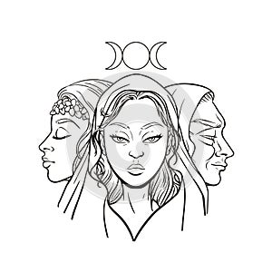 Triple goddess as Maiden, Mother and Crone, beautiful woman, symbol of moon phases. Hekate, mythology, wicca, witchcraft. Vector