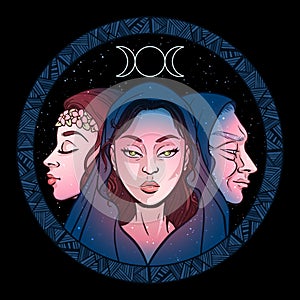 Triple goddess as Maiden, Mother and Crone, beautiful woman, symbol of moon phases. Hekate, mythology, wicca, witchcraft. Vector photo