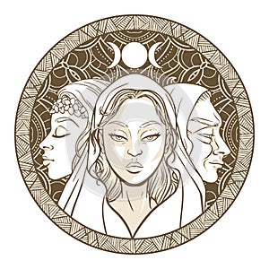 Triple goddess as Maiden, Mother and Crone, beautiful woman, symbol of moon phases. Hekate, mythology, wicca, witchcraft. Vector