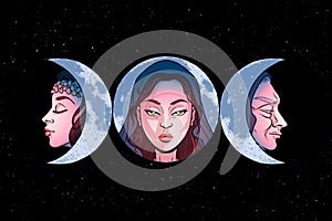 Triple goddess as Maiden, Mother and Crone, beautiful woman, symbol of moon phases. Hekate, mythology, wicca, witchcraft. Vector photo