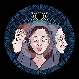 Triple goddess as Maiden, Mother and Crone, beautiful woman, symbol of moon phases. Hekate, mythology, wicca, witchcraft. Vector photo