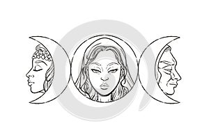 Triple goddess as Maiden, Mother and Crone, beautiful woman, symbol of moon phases. Hekate, mythology, wicca, witchcraft. Vector