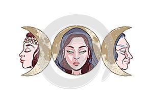 Triple goddess as Maiden, Mother and Crone, beautiful woman, symbol of moon phases. Hekate, mythology, wicca, witchcraft. Vector photo