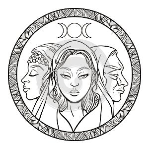 Triple goddess as Maiden, Mother and Crone, beautiful woman, symbol of moon phases. Hekate, mythology, wicca, witchcraft. Vector