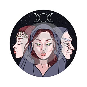 Triple goddess as Maiden, Mother and Crone, beautiful woman, symbol of moon phases. Hekate, mythology, wicca, witchcraft. Vector