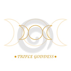 Triple Goddess sign. Hecate. Goddess of the moon. Symbol witch in gold color on white background. Line art. Esoteric, sacred