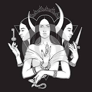 Triple lunar Goddess Hecate ancient Greek mythology hand drawn black and white isolated vector illustration. Blackwork, flash