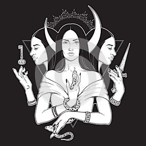 Triple lunar Goddess Hecate ancient Greek mythology hand drawn black and white isolated vector illustration. Blackwork, flash photo