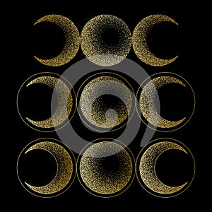 Triple moon magic and astronomy vecor golden symbol set