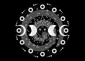 Triple moon, pagan Wiccan goddess symbol, sun system, moon phases, orbits of planets, energy circle. Sacred geometry of the wheel