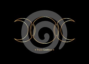 Triple Moon Religious wiccan sign. Wicca logo Neopaganism symbol, Gold Triple Goddess icon, Goddess of the Moon, the Earth