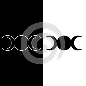 Triple moon sign icon. Concept of Triple Goddess: maiden, mother, old woman. Wicca isolated icon in black with white outline