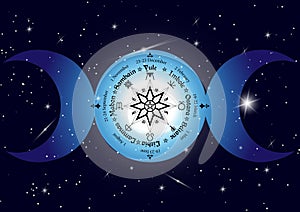 Triple moon Wicca pagan goddess, wheel of the Year is an annual cycle of seasonal festivals. Wiccan calendar and holidays. Compass