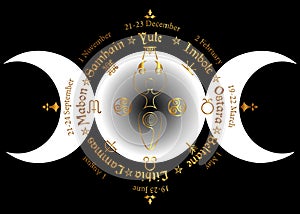 Triple moon Wicca pagan goddess, wheel of the Year is an annual cycle of seasonal festivals. Wiccan calendar and holidays. Compass