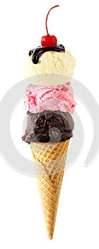 Triple scoop ice cream cone with cherry on top isolated on a white background