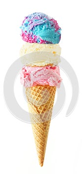 Triple scoop ice cream cone isolated on a white background