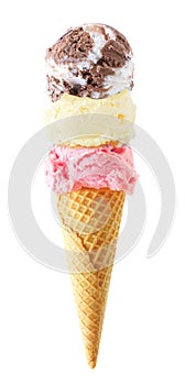 Triple scoop ice cream cone isolated on a white background