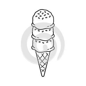 Triple scoop ice cream with sprinkles on sugar cone line art outline cartoon illustration.