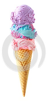 Triple scoop pastel theme ice cream cone isolated on a white background