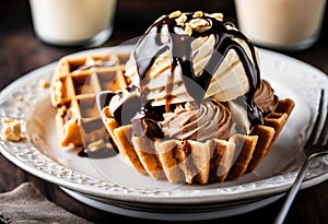 A triple scoop of peanut butter cup, peanut butter fudge, and peanut butter swirl ice cream in a waffle cone.