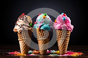 Triple scoops of ice cream in colorful cones