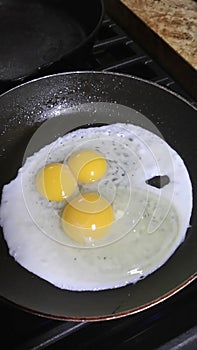 Triple yolk egg in frying pan breakfast funny never seen that health