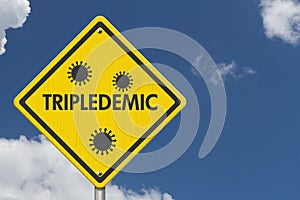 Tripledemic message for RSV, covid-19 and flu yellow warning road sign photo