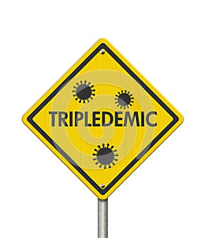 Tripledemic message for RSV, covid-19 and flu yellow warning road sign