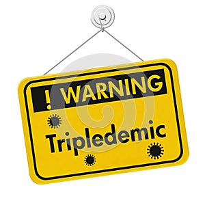Tripledemic message for RSV, covid-19 and flu yellow warning sign photo