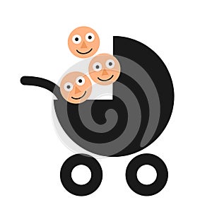 Triplet and multiple birth - Baby stroller and carriage with three children, kids and babies.