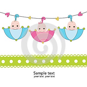 Triplets with umbrella baby shower card