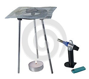 Tripod Burner with Mesh Grating with Torch and Flame photo
