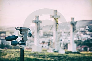 Photo tripod and Calvary in Nitra, Slovakia, analog filter