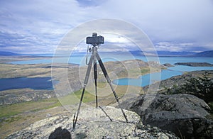 Tripod and camera on hill top near El Calafate, Patagonia, Argentina