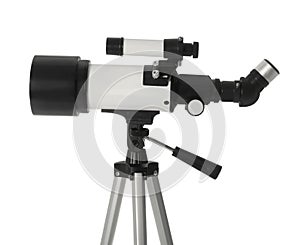 Tripod with modern telescope isolated on white