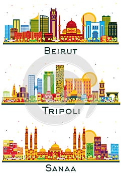 Tripoli Libya, Sanaa Yemen and Beirut Lebanon city Skyline set with Color Buildings isolated on white. Cityscape with Landmarks
