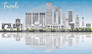 Tripoli Skyline with Gray Buildings, Blue Sky and Reflections.
