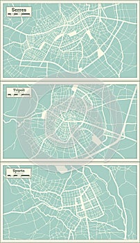 Tripoli, Sparta and Serres Greece City Maps Set in Retro Style photo