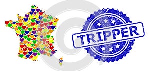 Tripper Grunge Badge and Vibrant Lovely Mosaic Map of France for LGBT